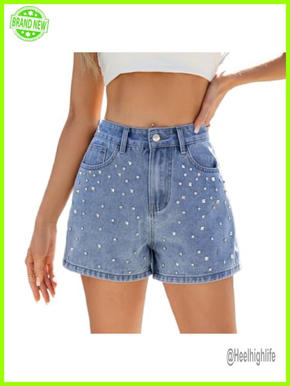High Waist Rhinestone Denim Shorts Button Closure Slash Pocket